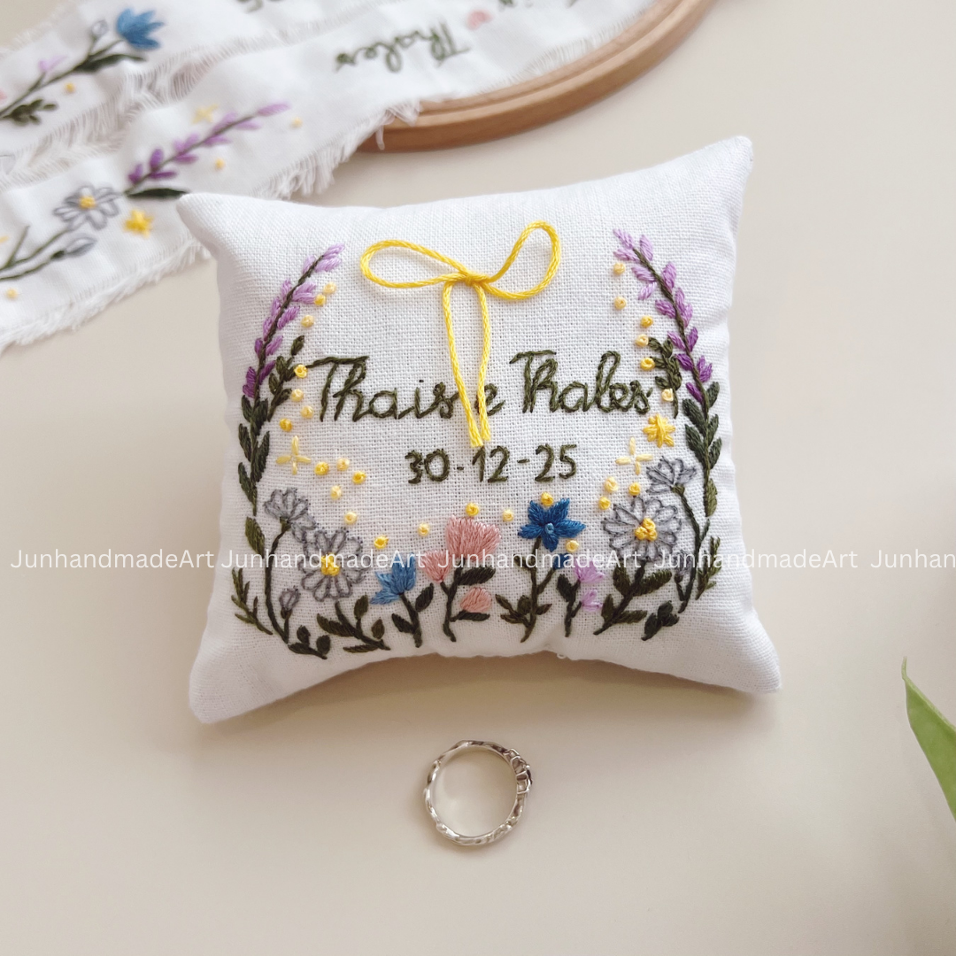 Personalized Set Embroidered Ring Bearer Pillow and Ribbon, Linen Wedding Cushion, Hand Embroidery Ring Holder, Floral Ring Pillow Wedding
