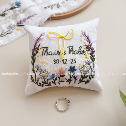 Personalized Set Embroidered Ring Bearer Pillow and Ribbon, Linen Wedding Cushion, Hand Embroidery Ring Holder, Floral Ring Pillow Wedding