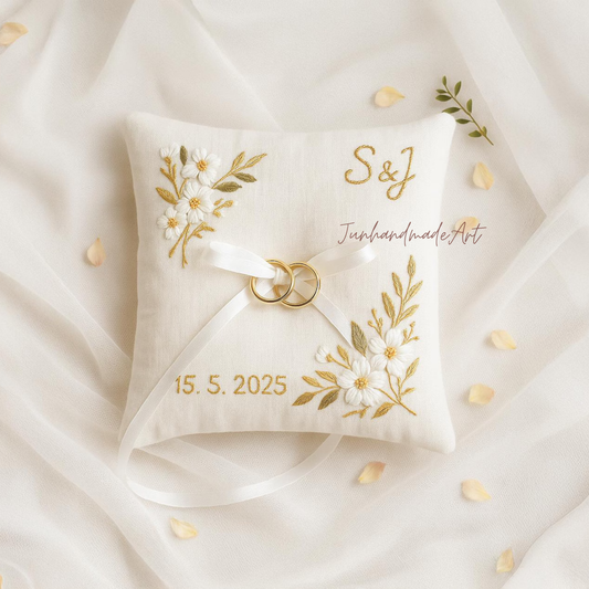 Personalized Embroidered Ring Bearer Pillow, Custom Linen Wedding Cushion, Hand Embroidery Ring Holder, Floral Ring Pillow, Wedding Gift
