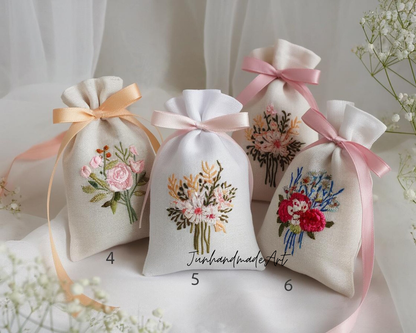 Personalized Embroidered Wedding Sachet Bag – Wedding Favor Gift, Linen Lavender Pouch, Custom Name & Date