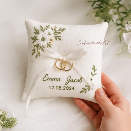 Personalized Embroidered Ring Bearer Pillow, Custom Linen Wedding Cushion, Hand Embroidery Ring Holder, Floral Ring Pillow, Wedding Gift