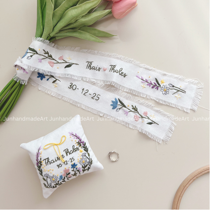 Personalized Set Embroidered Ring Bearer Pillow and Ribbon, Linen Wedding Cushion, Hand Embroidery Ring Holder, Floral Ring Pillow Wedding