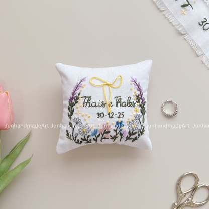 Personalized Set Embroidered Ring Bearer Pillow and Ribbon, Linen Wedding Cushion, Hand Embroidery Ring Holder, Floral Ring Pillow Wedding