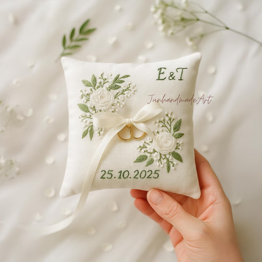 Personalized Embroidered Ring Bearer Pillow, Custom Linen Wedding Cushion, Hand Embroidery Ring Holder, Floral Ring Pillow, Wedding Gift