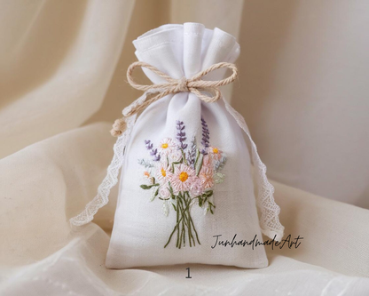 Personalized Embroidered Wedding Sachet Bag – Wedding Favor Gift, Linen Lavender Pouch, Custom Name & Date