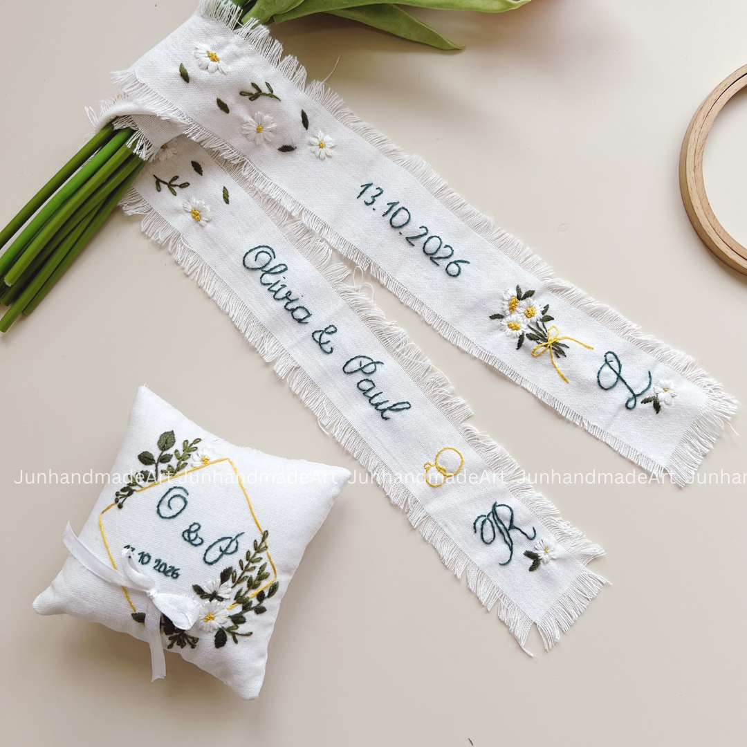 Lovely Daisies Embroidered Wedding Ribbon – Custom Linen Tie for Bouquet or Hair, Hand-stitched with Names & Date, Bridal Keepsake Gift