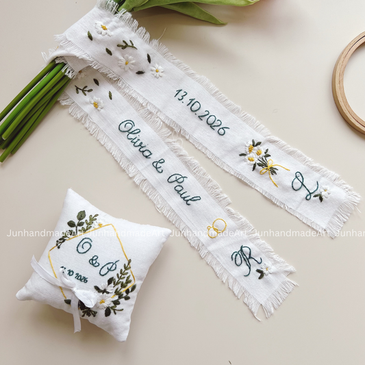 Lovely Daisies Embroidered Wedding Ribbon – Custom Linen Tie for Bouquet or Hair, Hand-stitched with Names & Date, Bridal Keepsake Gift