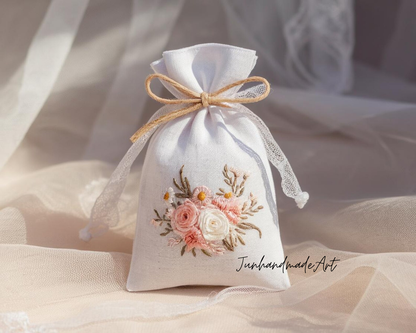 Personalized Embroidered Wedding Sachet Bag – Wedding Favor Gift, Linen Lavender Pouch, Custom Name & Date