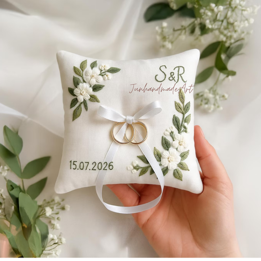 Personalized Embroidered Ring Bearer Pillow, Custom Linen Wedding Cushion, Hand Embroidery Ring Holder, Floral Ring Pillow, Wedding Gift