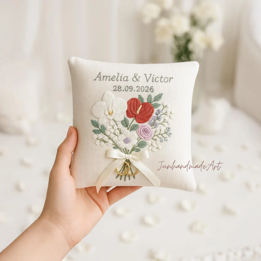 Personalized Embroidered Ring Bearer Pillow, Custom Linen Wedding Cushion, Hand Embroidery Ring Holder, Floral Ring Pillow, Wedding Gift