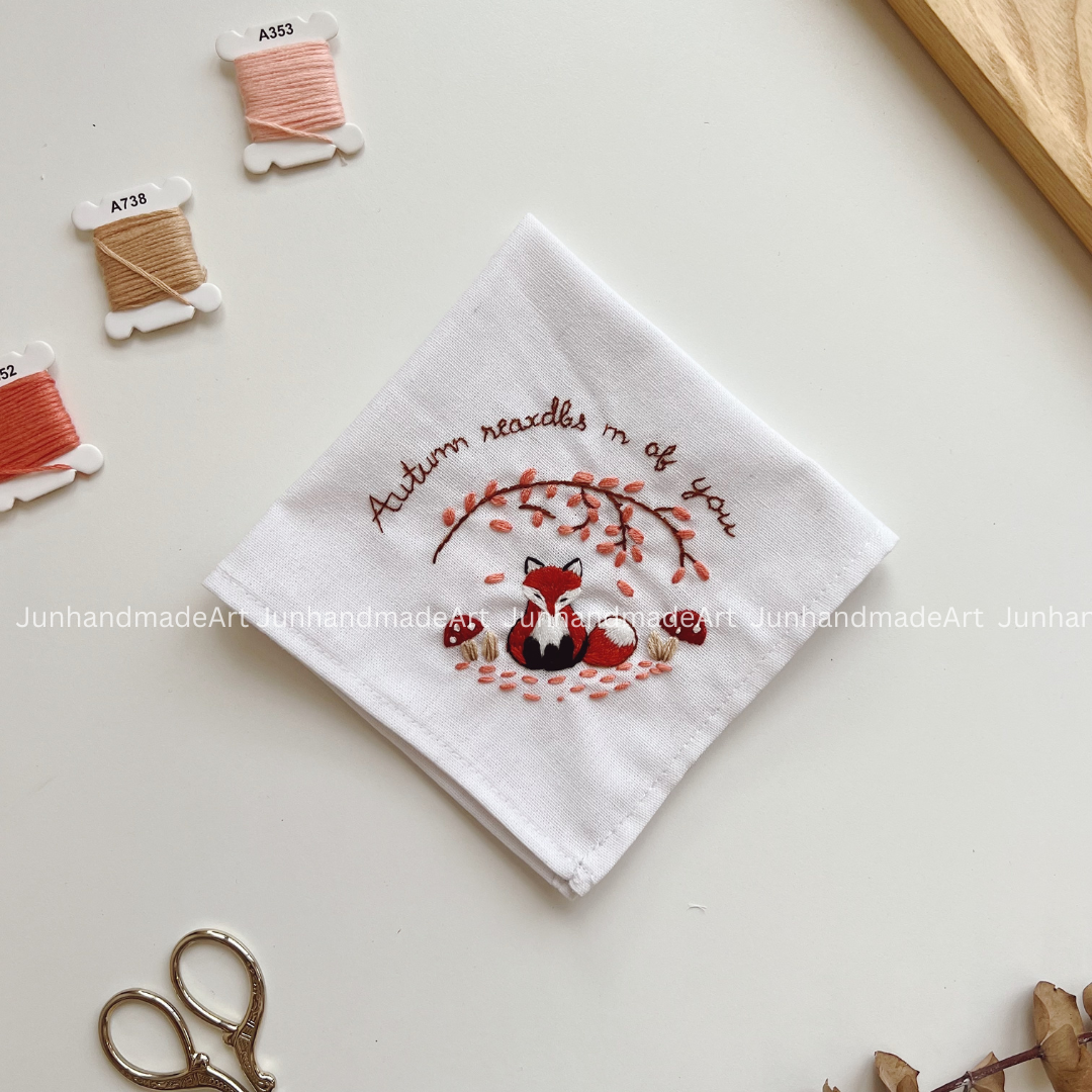 Autumn Fox Handkerchief, Custom Embroidered Handkerchief, Linen Handkerchiefs
