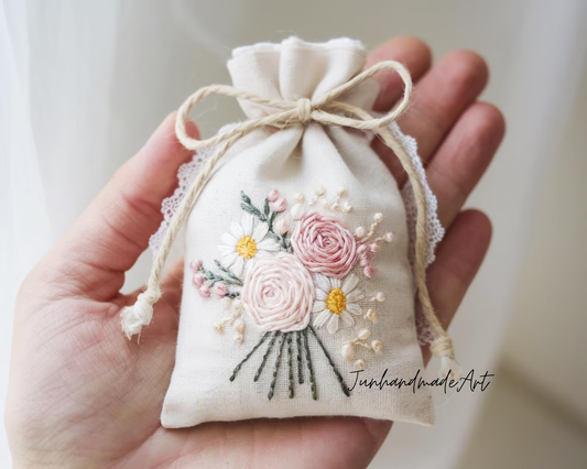 Personalized Embroidered Wedding Sachet Bag – Wedding Favor Gift, Linen Lavender Pouch, Custom Name & Date