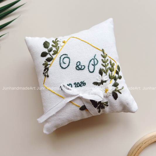 Personalized Set Embroidered Ring Bearer Pillow and Ribbon, Linen Wedding Cushion, Hand Embroidery Ring Holder, Floral Ring Pillow Wedding