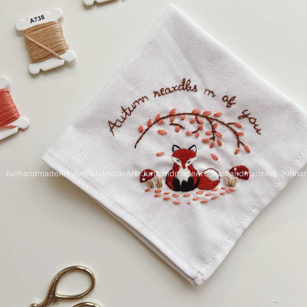 Autumn Fox Handkerchief, Custom Embroidered Handkerchief, Linen Handkerchiefs