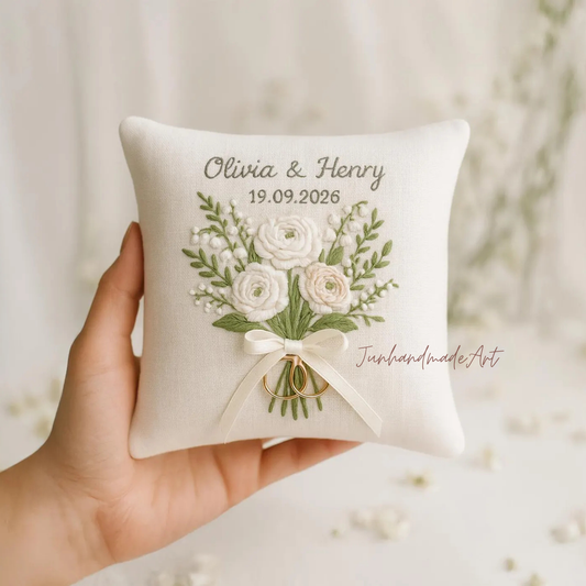 Personalized Embroidered Ring Bearer Pillow, Custom Linen Wedding Cushion, Hand Embroidery Ring Holder, Floral Ring Pillow, Wedding Gift