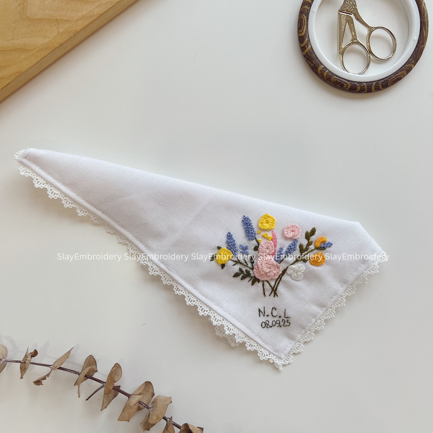 Sunlit Blooms Wedding Handkerchief, Custom Embroidered Handkerchief, Linen Handkerchiefs