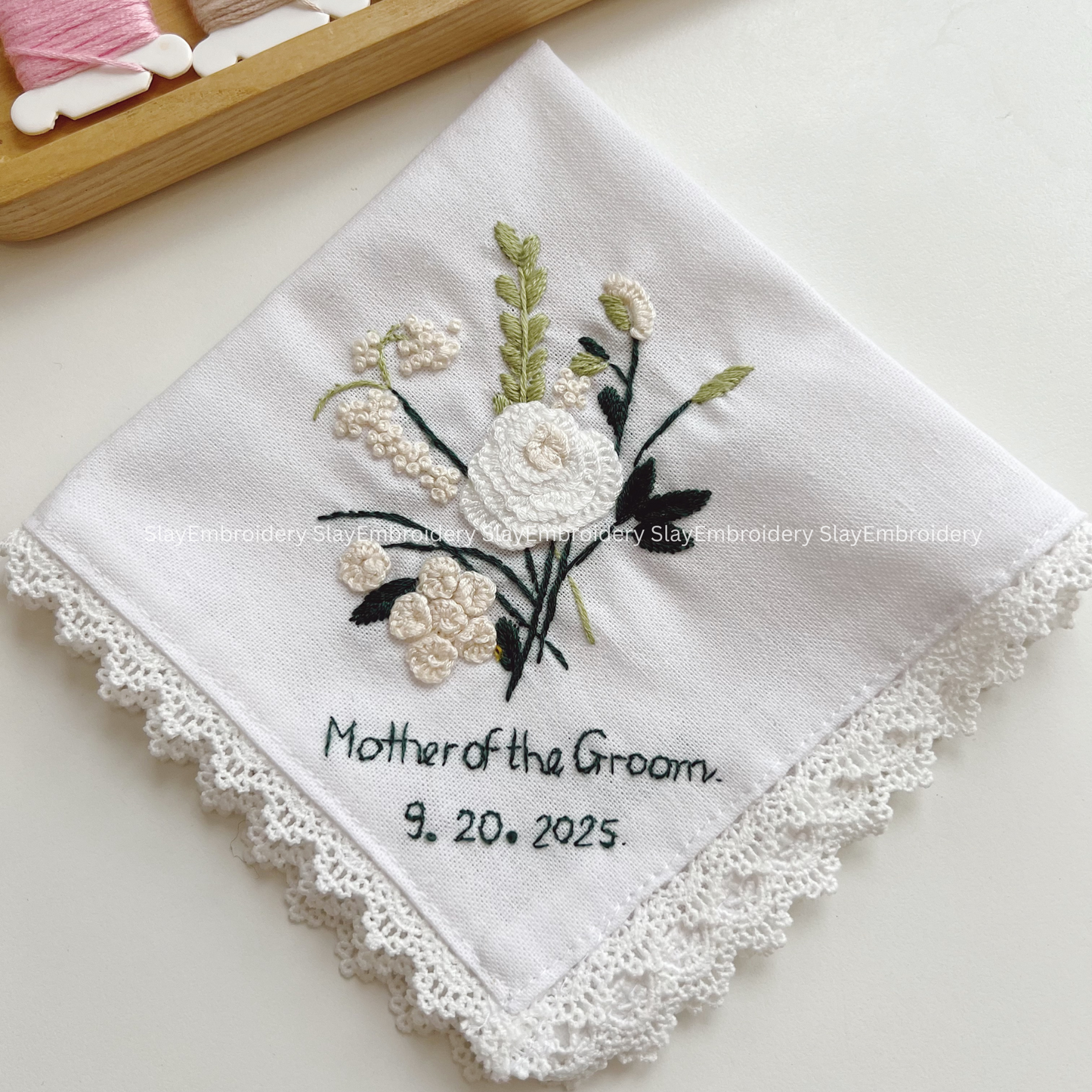 White Meadow Wedding Handkerchief, Custom Embroidered Handkerchief, Linen Handkerchiefs