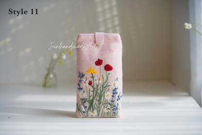 Hand Embroidered Floral Eyeglass Case, Soft Linen Glasses Pouch, Custom Sunglasses Holder Gift for Her