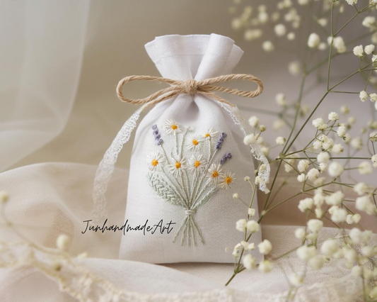 Personalized Embroidered Wedding Sachet Bag – Wedding Favor Gift, Linen Lavender Pouch, Custom Name & Date