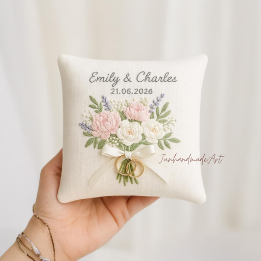 Personalized Embroidered Ring Bearer Pillow, Custom Linen Wedding Cushion, Hand Embroidery Ring Holder, Floral Ring Pillow, Wedding Gift