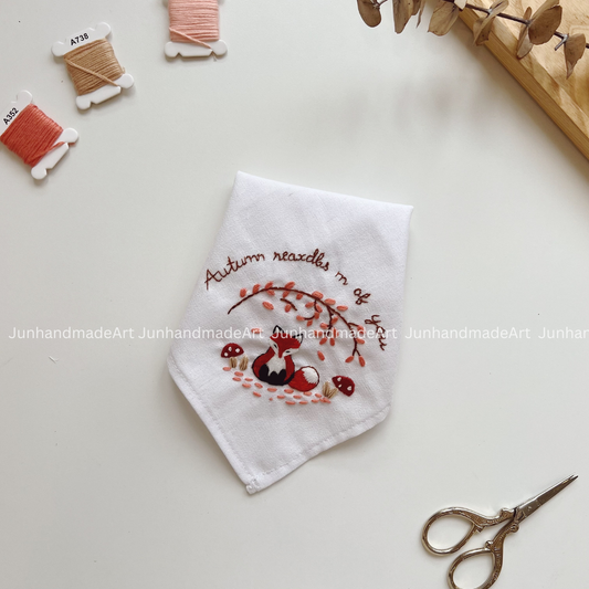 Autumn Fox Handkerchief, Custom Embroidered Handkerchief, Linen Handkerchiefs