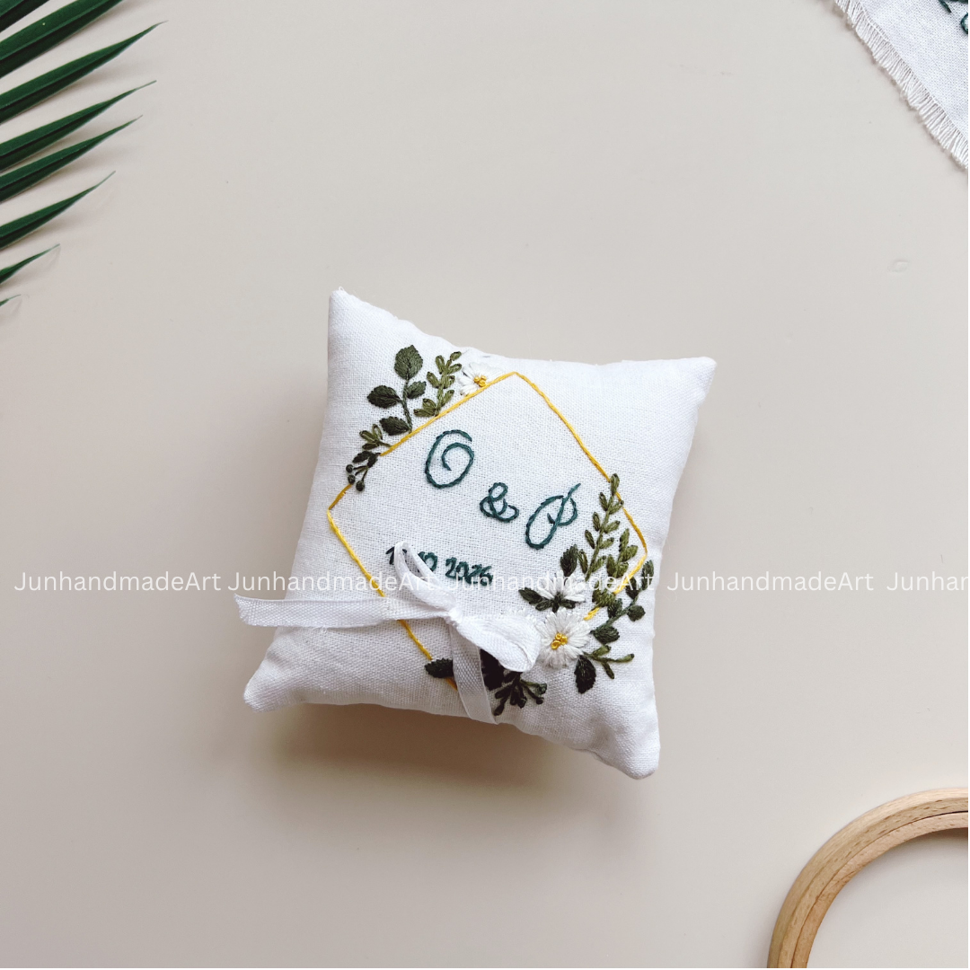 Personalized Set Embroidered Ring Bearer Pillow and Ribbon, Linen Wedding Cushion, Hand Embroidery Ring Holder, Floral Ring Pillow Wedding