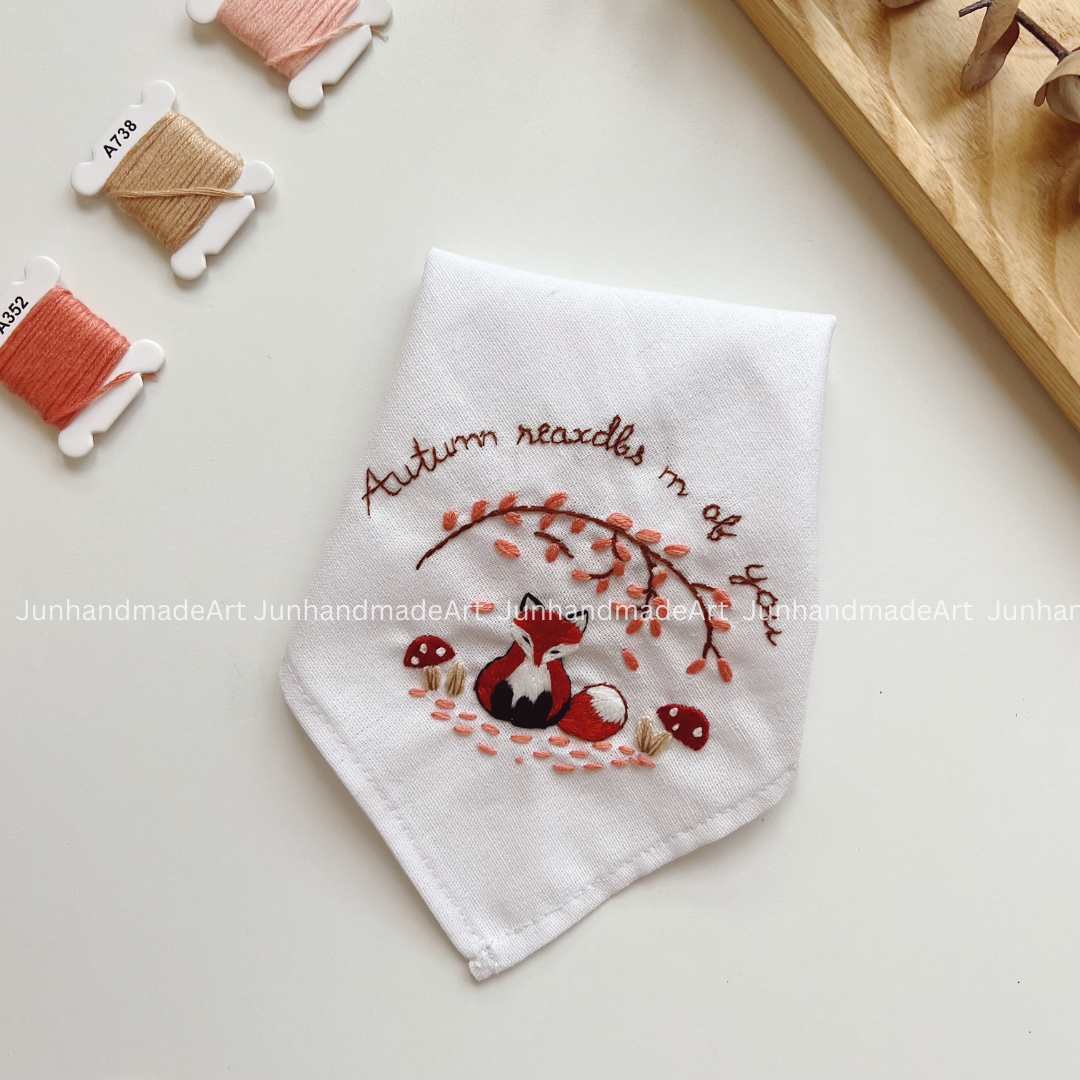 Autumn Fox Handkerchief, Custom Embroidered Handkerchief, Linen Handkerchiefs