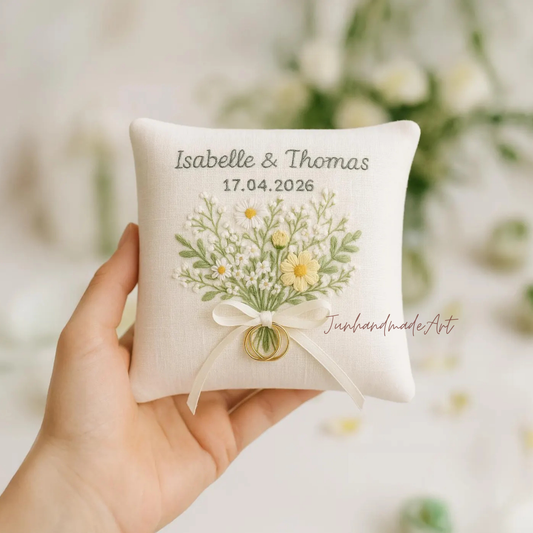 Personalized Embroidered Ring Bearer Pillow, Custom Linen Wedding Cushion, Hand Embroidery Ring Holder, Floral Ring Pillow, Wedding Gift