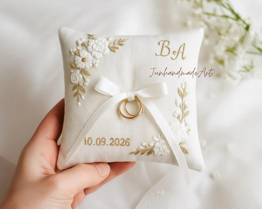 Personalized Embroidered Ring Bearer Pillow, Custom Linen Wedding Cushion, Hand Embroidery Ring Holder, Floral Ring Pillow, Wedding Gift