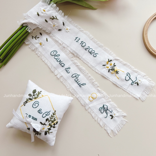 Personalized Set Embroidered Ring Bearer Pillow and Ribbon, Linen Wedding Cushion, Hand Embroidery Ring Holder, Floral Ring Pillow Wedding
