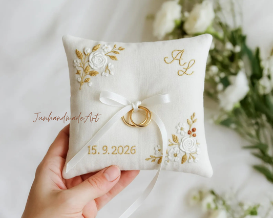 Personalized Embroidered Ring Bearer Pillow, Custom Linen Wedding Cushion, Hand Embroidery Ring Holder, Floral Ring Pillow, Wedding Gift