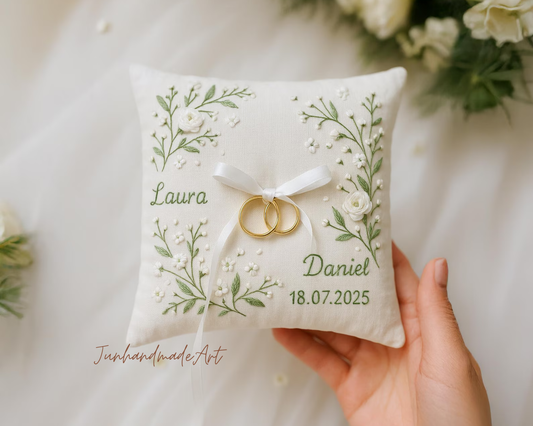 Personalized Embroidered Ring Bearer Pillow, Custom Linen Wedding Cushion, Hand Embroidery Ring Holder, Floral Ring Pillow, Wedding Gift