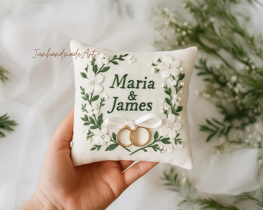 Personalized Embroidered Ring Bearer Pillow, Custom Linen Wedding Cushion, Hand Embroidery Ring Holder, Floral Ring Pillow, Wedding Gift