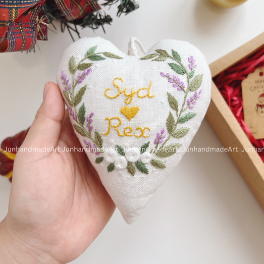 Lovely Wreath Christmas Heart Ornament – Hand Embroidered Linen Floral Ornament – Custom Christmas Gift Decoration