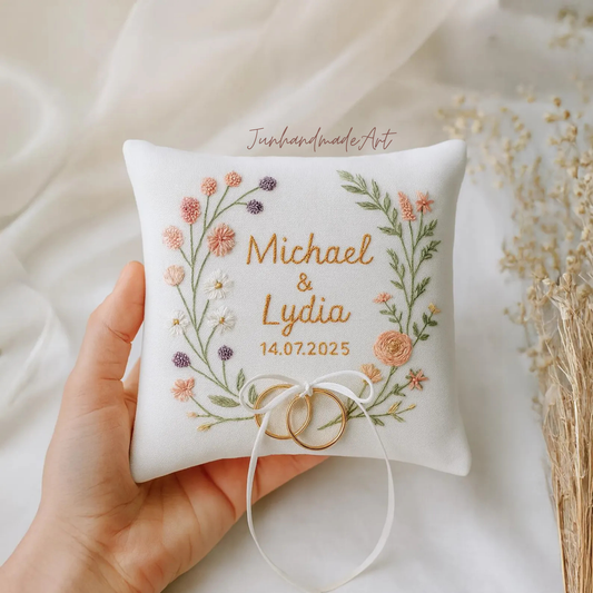 Personalized Embroidered Ring Bearer Pillow, Custom Linen Wedding Cushion, Hand Embroidery Ring Holder, Floral Ring Pillow, Wedding Gift