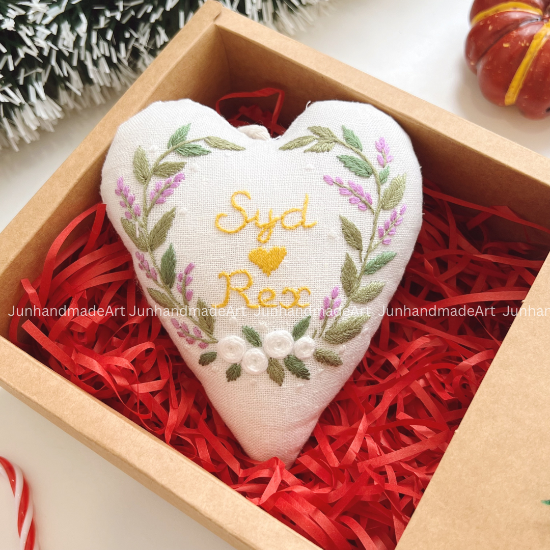 Lovely Wreath Christmas Heart Ornament – Hand Embroidered Linen Floral Ornament – Custom Christmas Gift Decoration