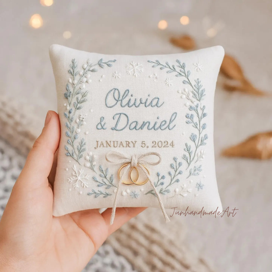 Personalized Embroidered Ring Bearer Pillow, Christmas Linen Wedding Cushion, Hand Embroidery Ring Holder Floral Ring Pillow, Christmas Gift