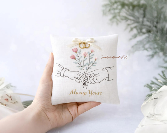 Personalized Embroidered Ring Bearer Pillow, Custom Linen Wedding Cushion, Hand Embroidery Ring Holder, Floral Ring Pillow, Wedding Gift
