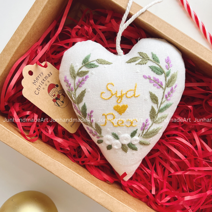Lovely Wreath Christmas Heart Ornament – Hand Embroidered Linen Floral Ornament – Custom Christmas Gift Decoration