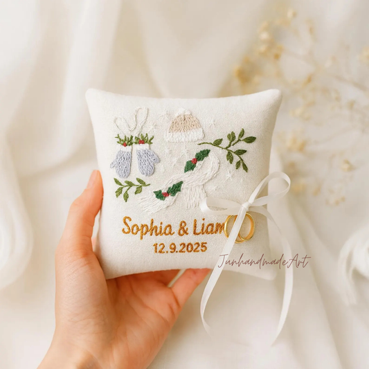 Personalized Embroidered Ring Bearer Pillow, Christmas Linen Wedding Cushion, Hand Embroidery Ring Holder Floral Ring Pillow, Christmas Gift