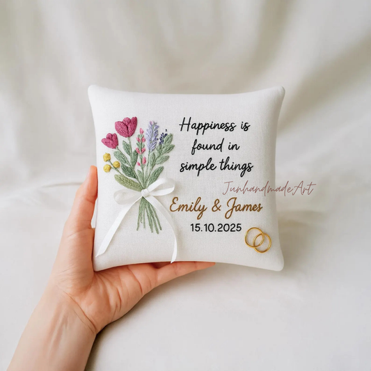 Personalized Embroidered Ring Bearer Pillow, Custom Linen Wedding Cushion, Hand Embroidery Ring Holder, Floral Ring Pillow, Wedding Gift