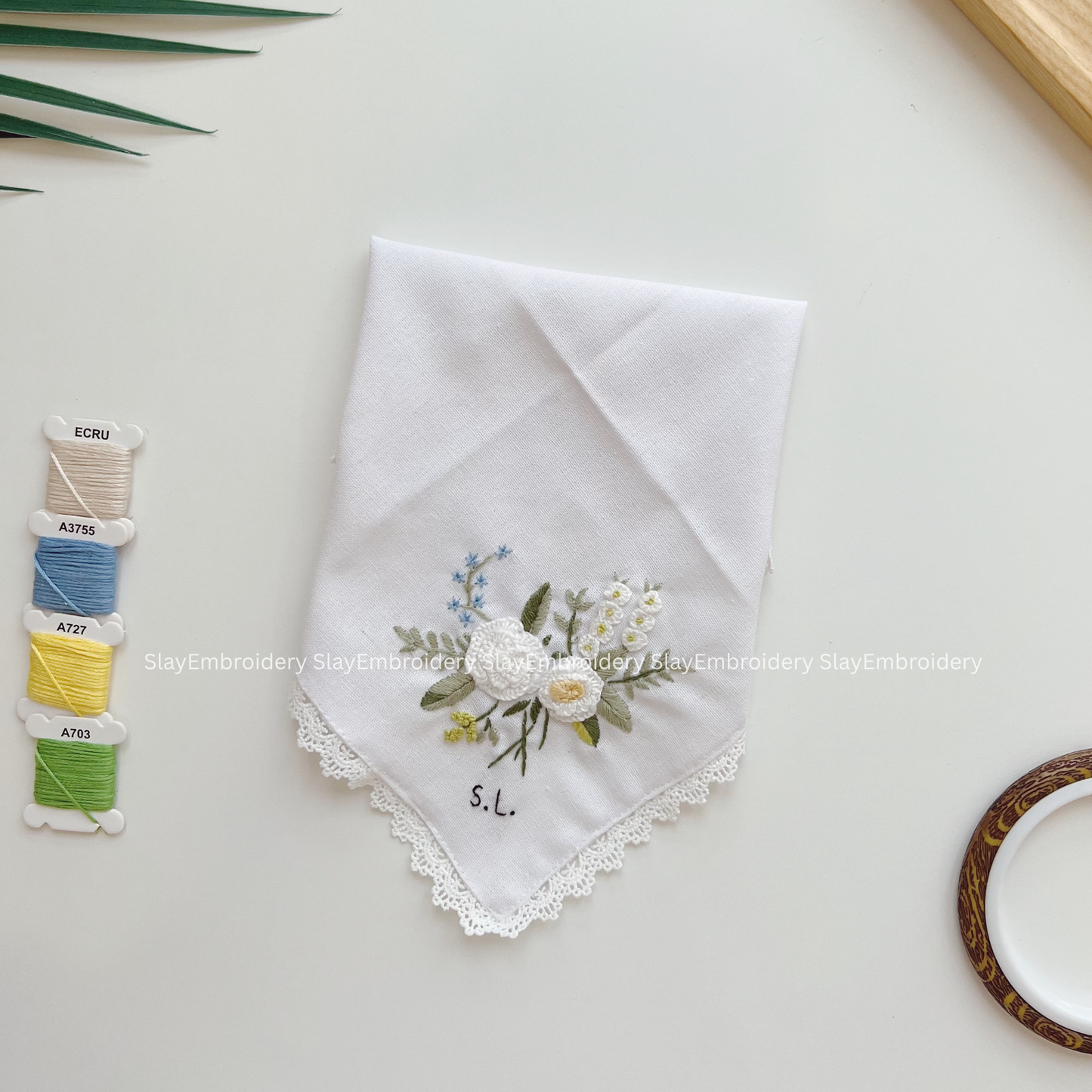 White Bloom Glow Wedding Handkerchief, Custom Embroidered Handkerchief, Linen Handkerchiefs