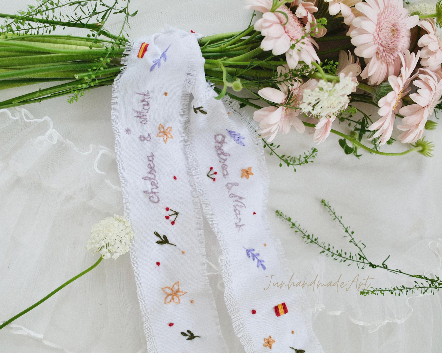 Personalized Embroidered Wedding Ribbon – Custom Linen Tie for Bouquet or Hair, Hand-stitched with Names & Date, Bridal Keepsake Gift