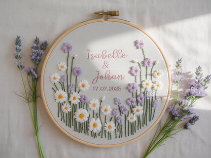 Custom Wedding Embroidery Hoop with Flowers and Names – Personalized Hand Embroidered Wildflowers Gift for Couple, Anniversary