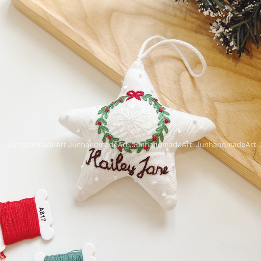 Holiday Wreath Cup Christmas Star Ornament – Hand Embroidered Linen Floral Ornament – Custom Christmas Gift Decoration