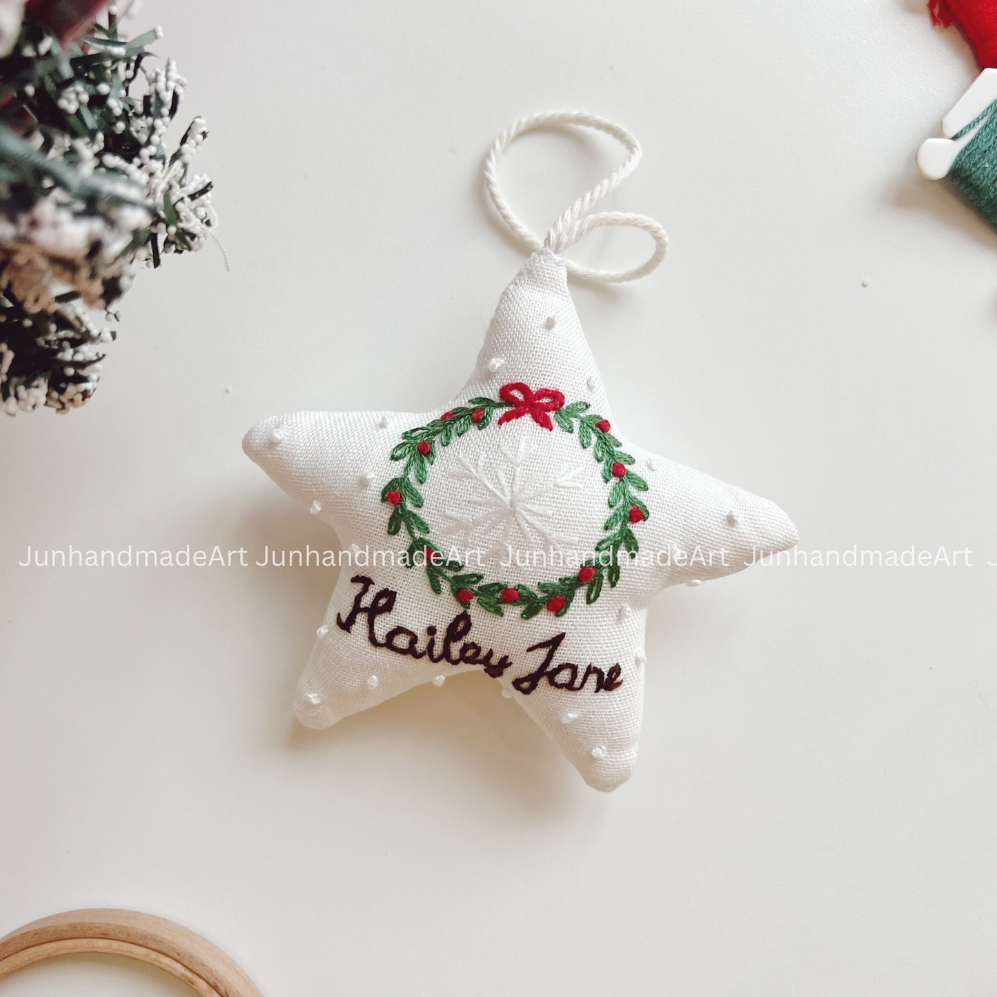 Holiday Wreath Cup Christmas Star Ornament – Hand Embroidered Linen Floral Ornament – Custom Christmas Gift Decoration