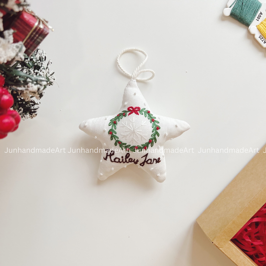 Holiday Wreath Cup Christmas Star Ornament – Hand Embroidered Linen Floral Ornament – Custom Christmas Gift Decoration