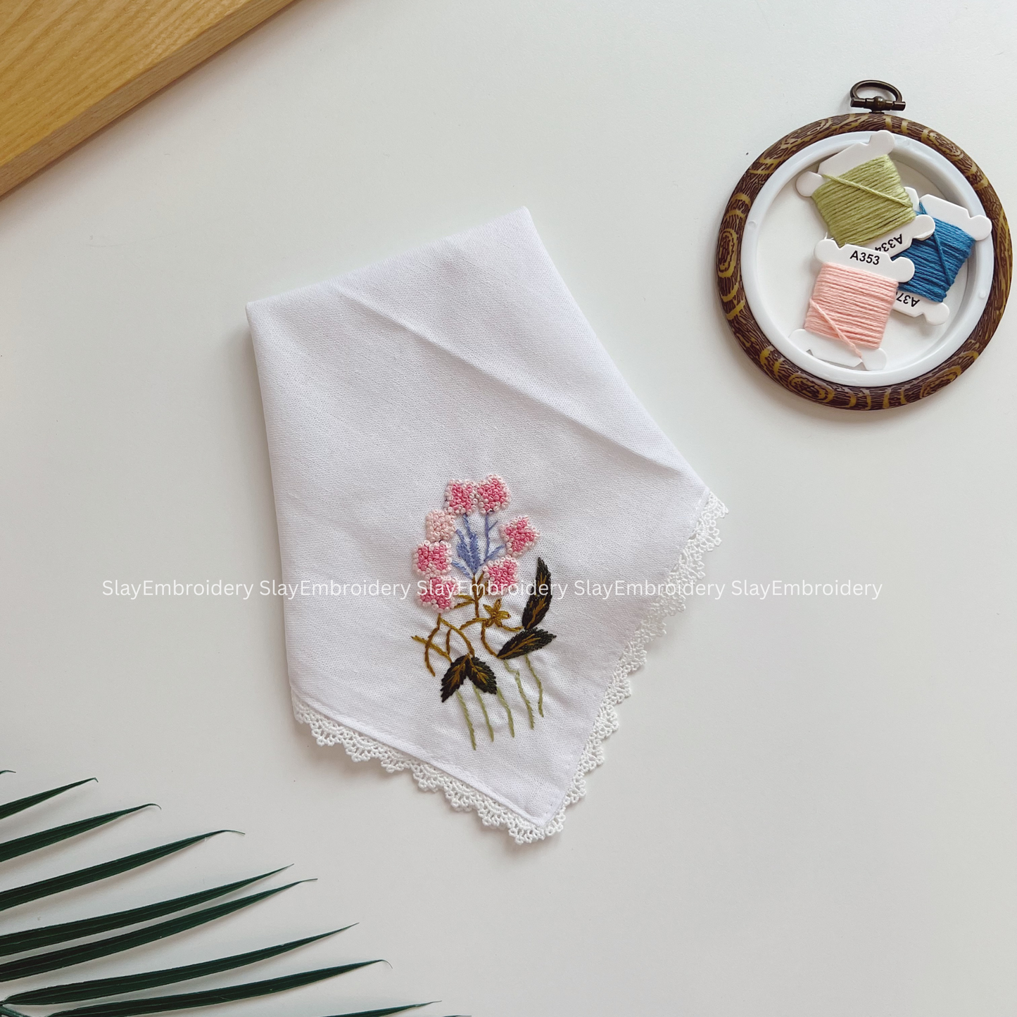 Pink Flower Wedding Handkerchief, Custom Embroidered Handkerchief, Linen Handkerchiefs