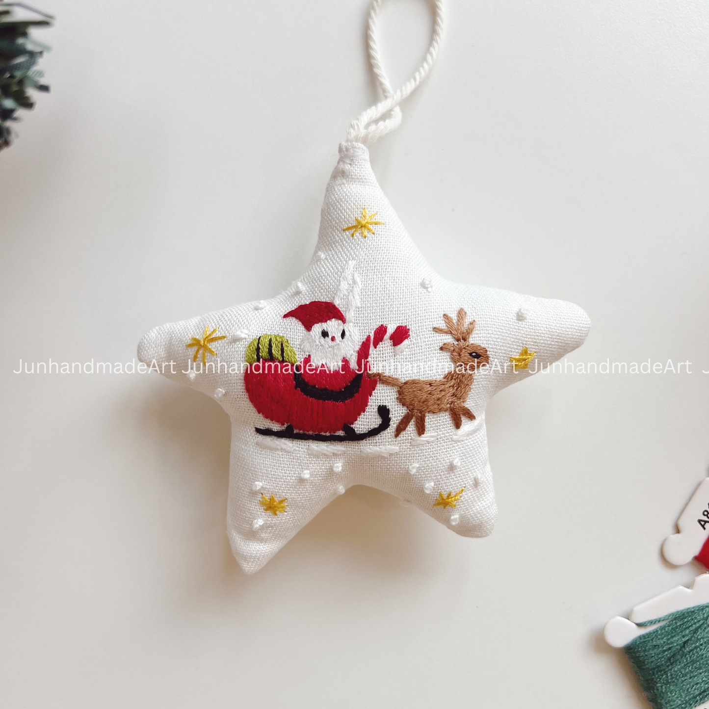 Santa Clause Cup Christmas Star Ornament – Hand Embroidered Linen Floral Ornament – Custom Christmas Gift Decoration