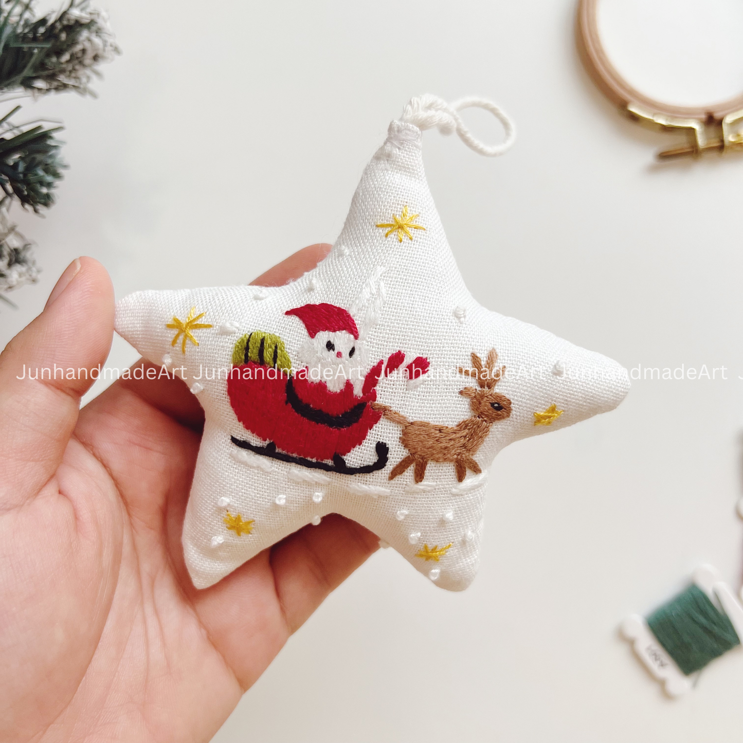 Santa Clause Cup Christmas Star Ornament – Hand Embroidered Linen Floral Ornament – Custom Christmas Gift Decoration